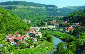 Aerial view of Veliko Tarnovo city and river from Tsarevets hill in Bulgaria