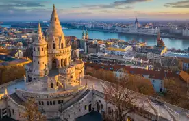 Aerial view of Fishermans Bastion and Budapest with Parliament building and River Danube in Hungary
