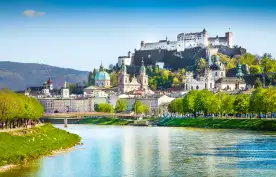 Salzburg skyline with river Salzach in springtime, Austria