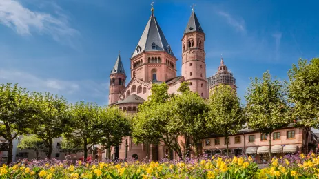 Ancient cathedral in Meinz, Germany surrounded by spring flowers