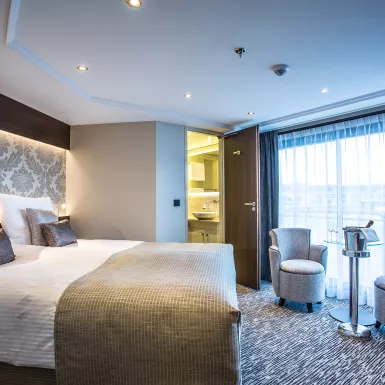 Interior of double bedroom aboard the Thomas Hardy ship