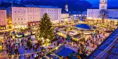 Aerial view of Salzburg's Christmas Market illuminated at night in Austria