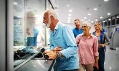 A happy elderly couple validating tickets at an airport