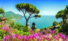 Amalfi Coast from Villa Rufolo gardens in Ravello, Campania, Italy