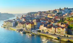 Aerial skyline shot of the colourful buildings in Porto Old Town in sunset light, Portugal.