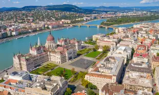 Aerial of Budapest city with view of the the Danube river in Hungary