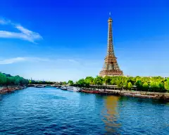 View of the Eiffel Tower and river Seine on a sunny day in Paris, France