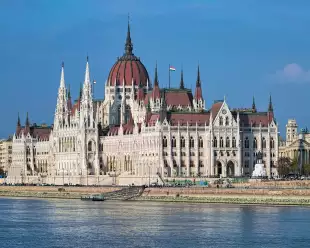  The Hungarian Parliament Building on the bank of the Danube in Budapest, Hungary.