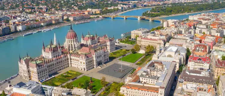 Aerial of Budapest city with view of the the Danube river in Hungary
